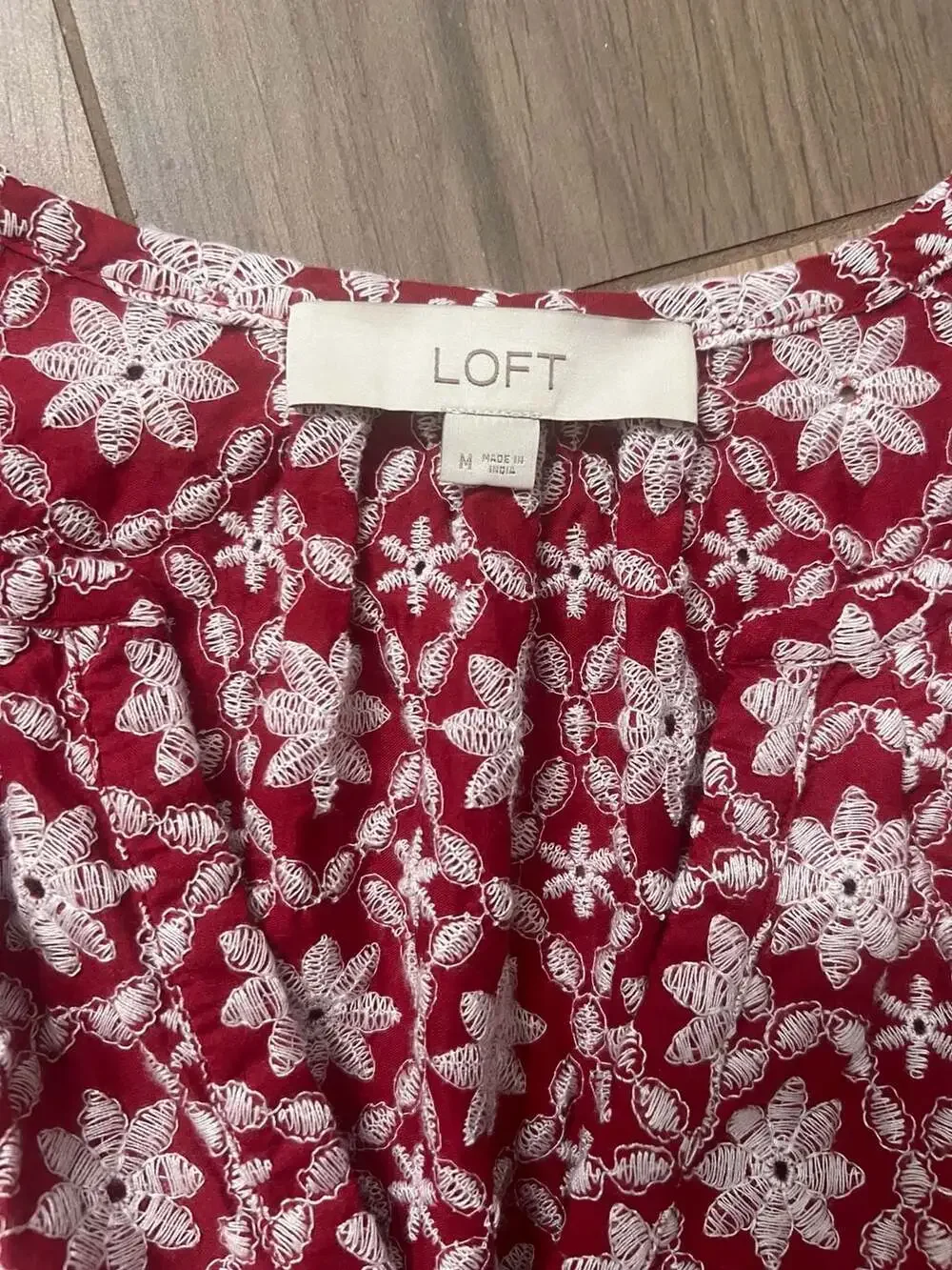 LOFT Red and White Floral Embroidered Eyelet Puff Sleeve Blouse